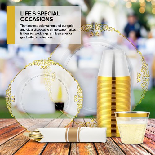 Stock Your Home Clear and Gold Plates Set with Pre-Rolled Cutlery with Napkins & Gold Cups, Dinnerware for 50 Guests (350pcs), Disposable Party Sets for Wedding, Bridal Shower, Graduation Parties