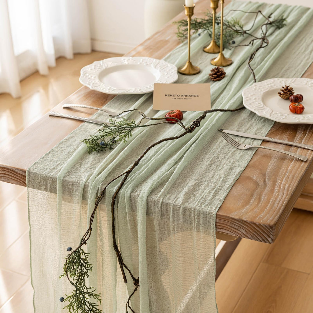 Keketoarrange 3Pcs Sage Green Spring Easter Cheesecloth Table Runner 120 Inch 10 FT Rustic Boho Cheese Cloth Runner for Wedding Baby Shower Bridal Shower Sheer Gauze Centerpiece Home Decor