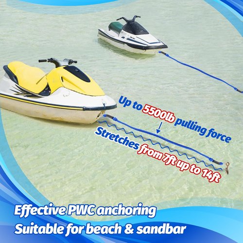 Bungee Dock Line by [Brand Name] - 7-14FT Elastic Anchor Line with Shock Absorption & Stainless Steel Hook for PWC, Jet Ski & Beach Use