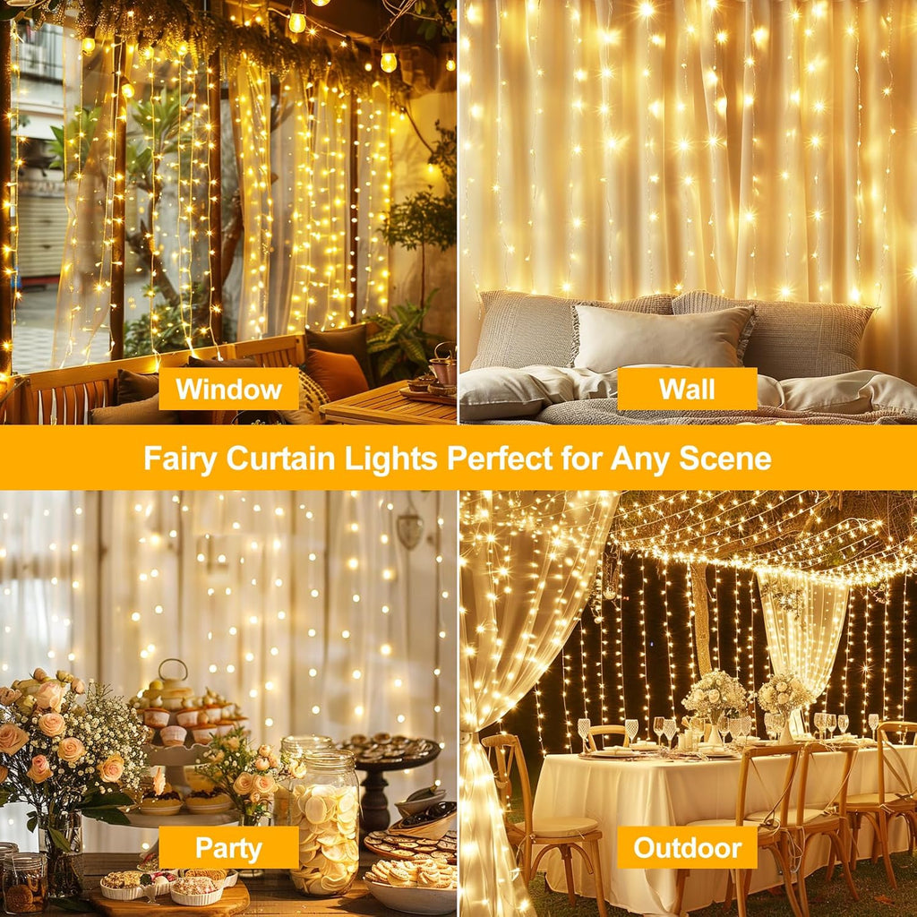 Skiennix 300 LED Fairy Curtain Lights - 9.8 x 9.8FT Warm White USB with Remote | 8 Modes for Christmas & Events