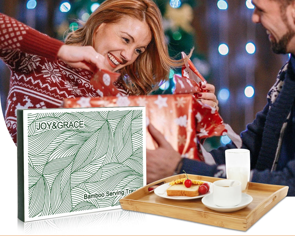 Joy&Grace Bamboo Serving Tray with Handles, Dinner Food Tray for Bed Breakfast Eating and Serving, for Coffee Table Ottoman TV, Decorative Wood Large Charcuterie Platter 16.8 x 12.5 inch 1 Pack