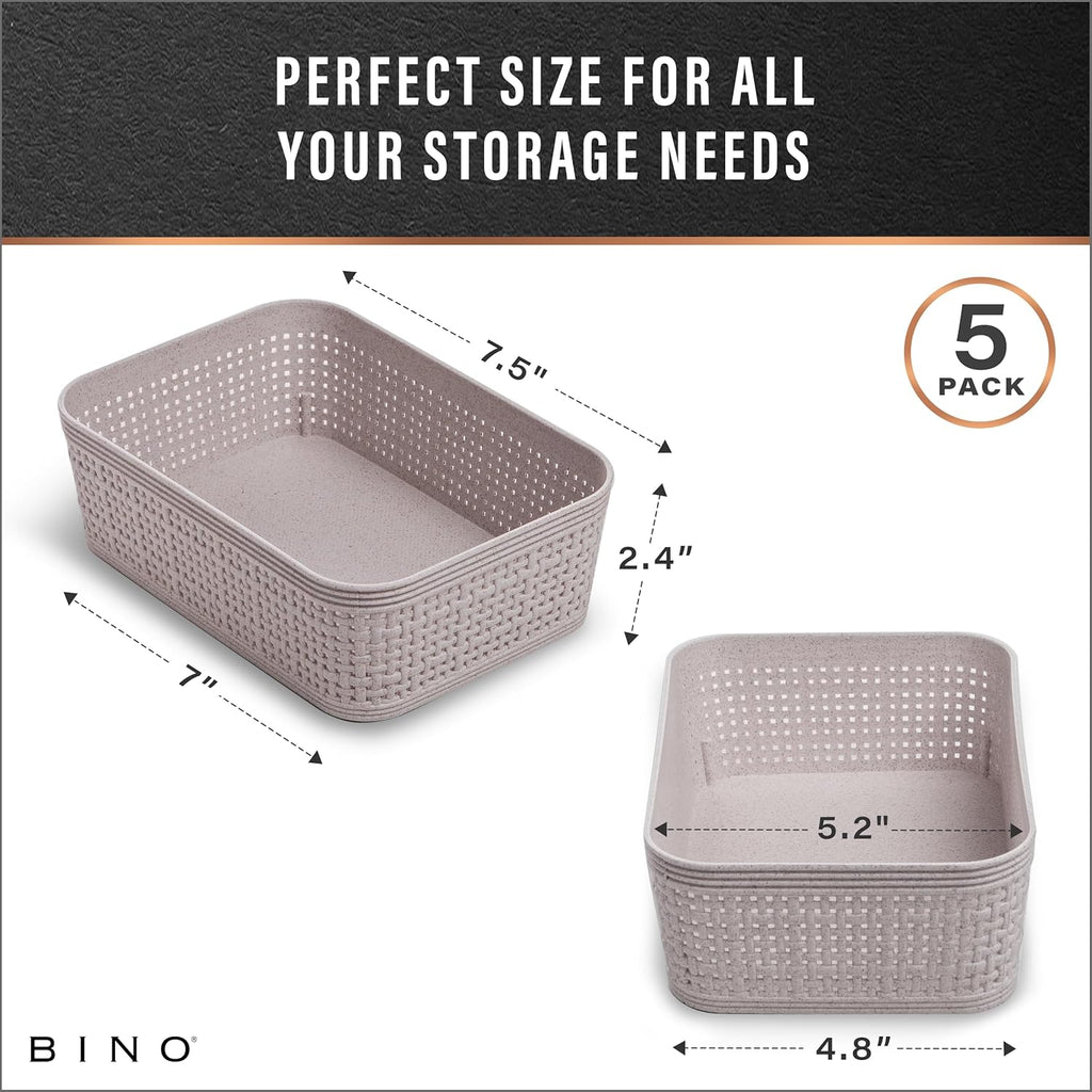 BINO Woven Plastic Basket - Stylish Natural Grey XS | 5-Pack for Space-Saving Home Organization