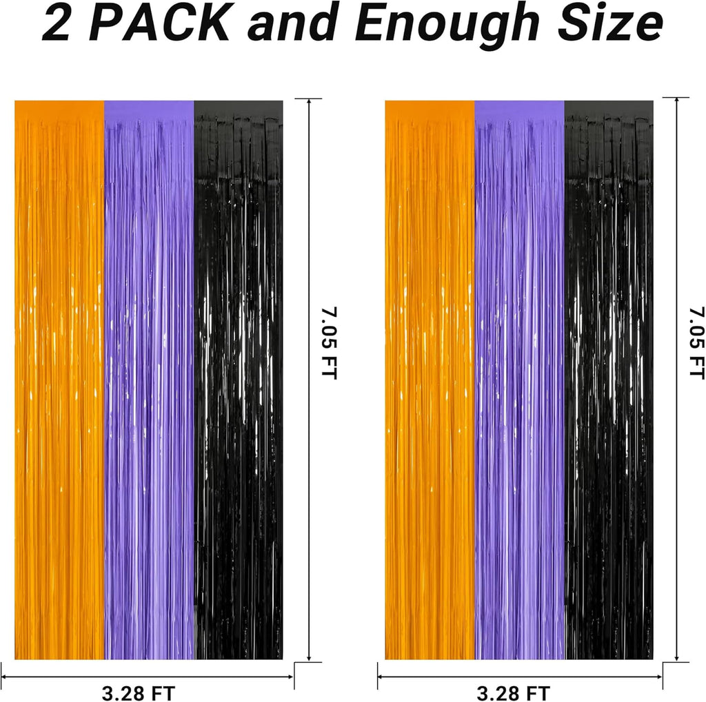Regine Switzerland Halloween Backdrop - 2 Pack Foil Fringe Curtains | 3.28 FT x 7.05 FT, Orange & Purple Tinsel Decor