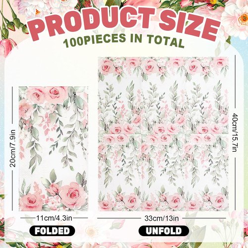 FYSUIMU Floral Guest Napkins - 100 Pcs Greenery Design with Roses & Eucalyptus | Disposable Paper Towels for Events