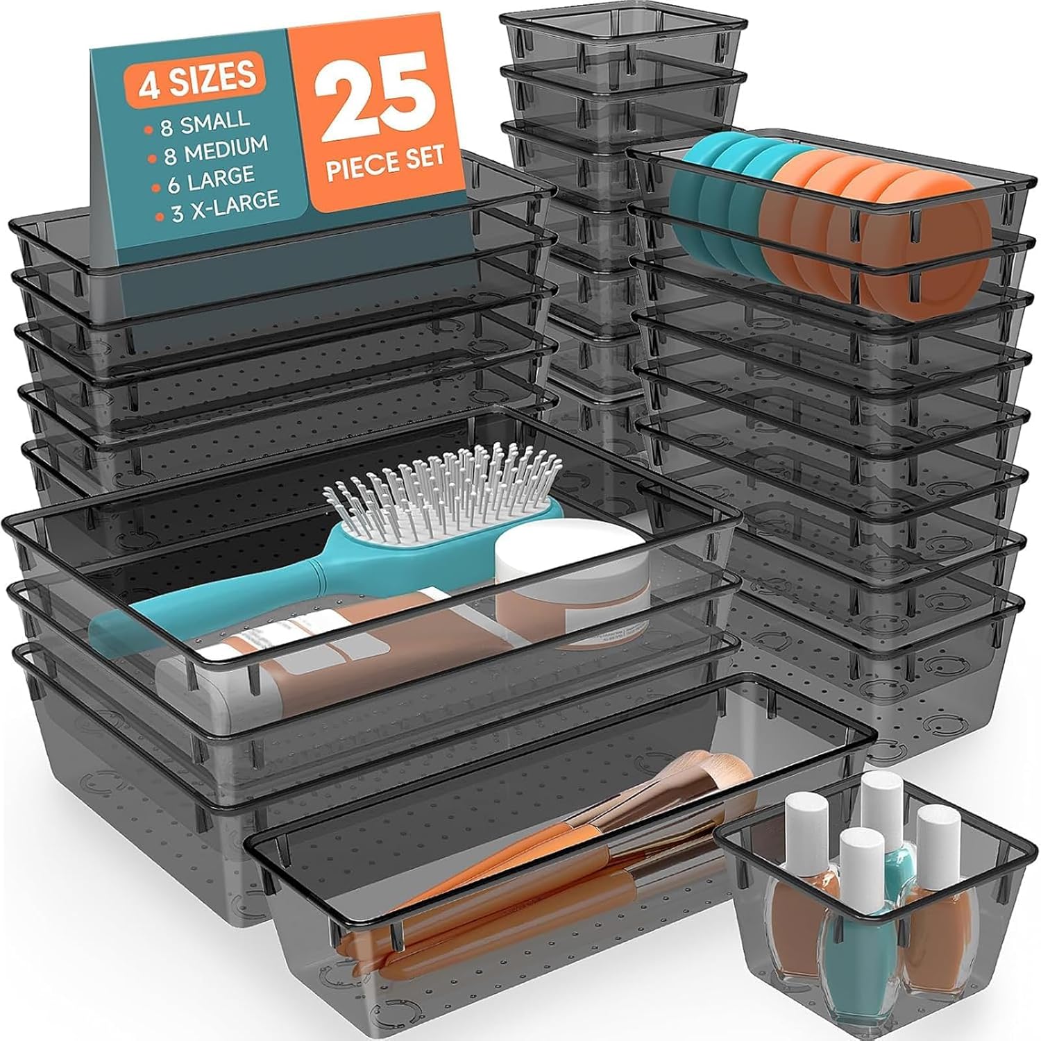 SpaceHacks 25 PCS Plastic Drawer Organizer Set - Versatile Tool Trays & Storage Bins for Makeup, Jewelry, Gadgets | Clear Black