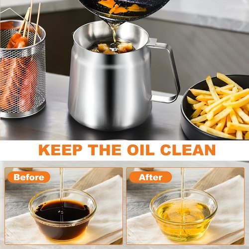 2L Stainless Steel Oil Filter Pot, 2 in 1 Oil Strainer Pot, Bacon Grease Saver with Strainer, Frying Basket, Filter, Mixing Bowls and Clip, Versatile Bacon Grease Container for Kitchen Storing Grease