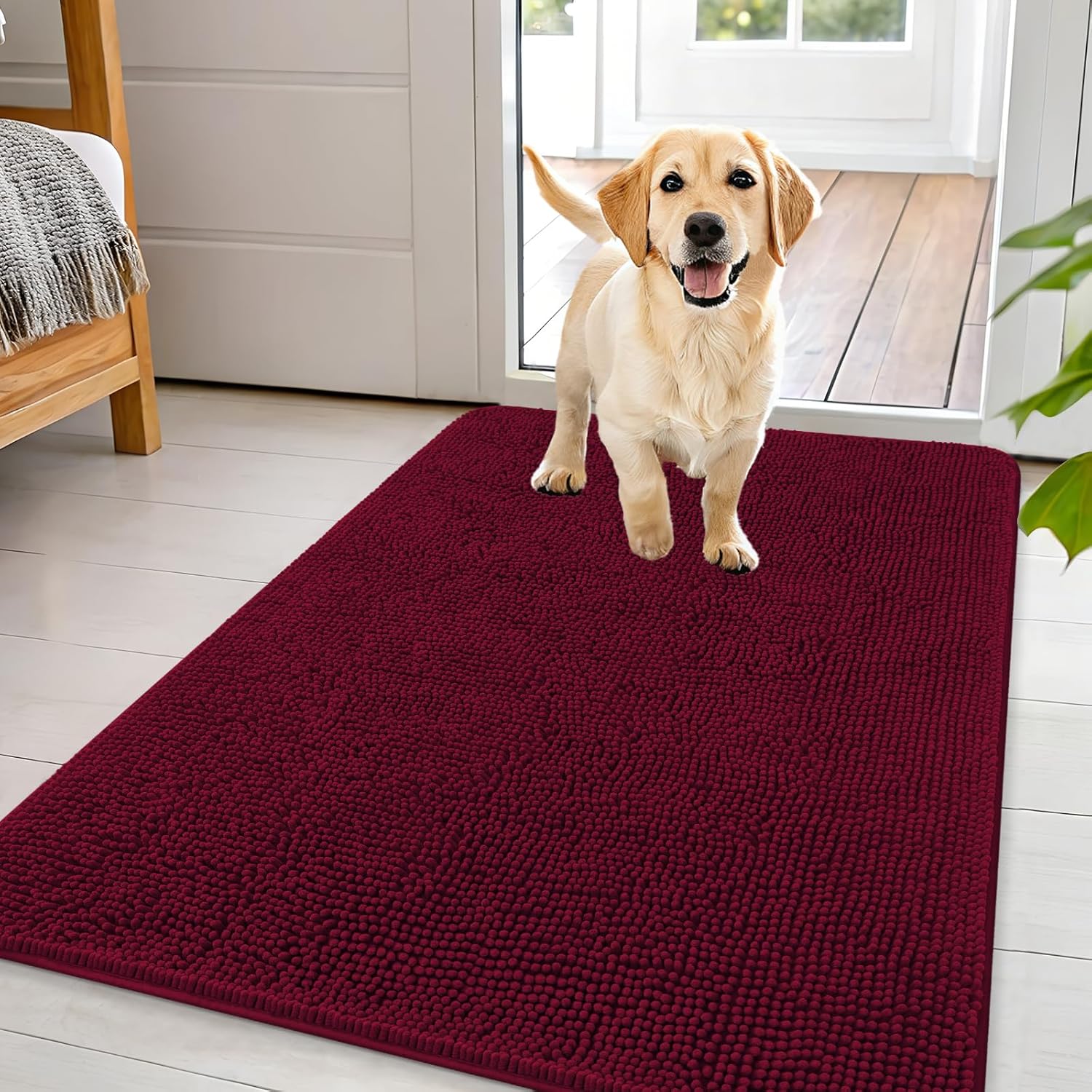 OLANLY Dog Door Mat - Absorbent Non-Slip Washable Doormat for Muddy Paws | 44x32, Burgundy