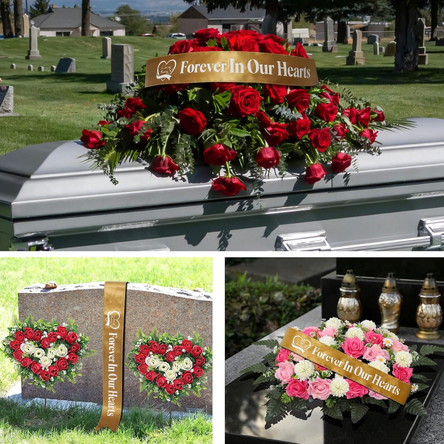 Regine Switzerland Elegant Funeral Wreath Sash - Forever in Our Hearts Memorial Ribbon (Golden)