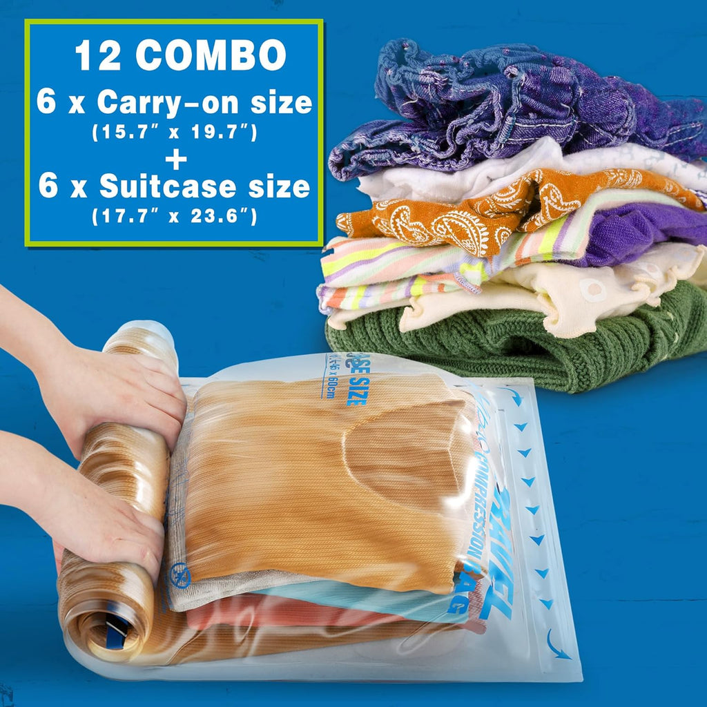 Skiennix Compression Bags - Vacuum Packing Space Saver for Travel Essentials | 12-Pack