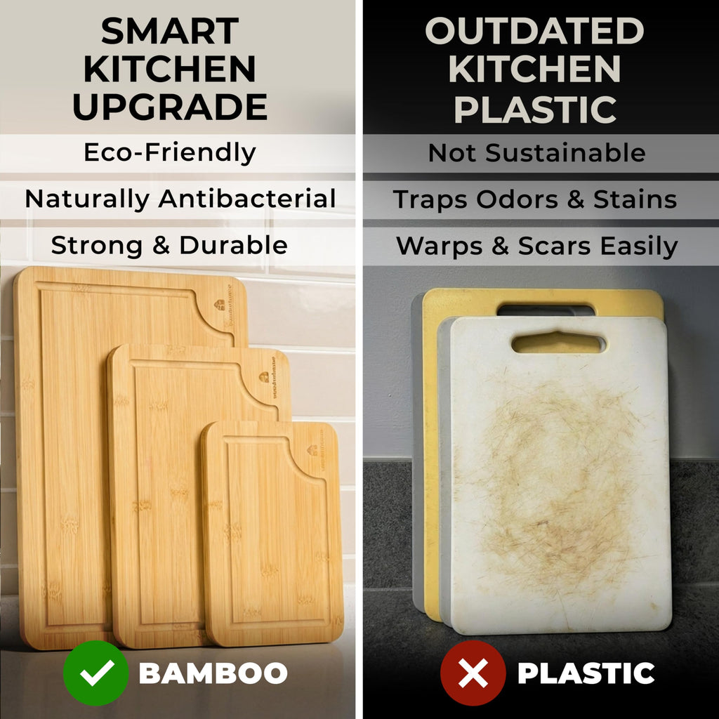 Bamboo Cutting Board Set of 3 - Thick & Durable Wood Cutting Boards with Deep Juice Grooves & Build-in Handles, Large Surface, Easy to Clean – for Meat, Vegetables and Fruits