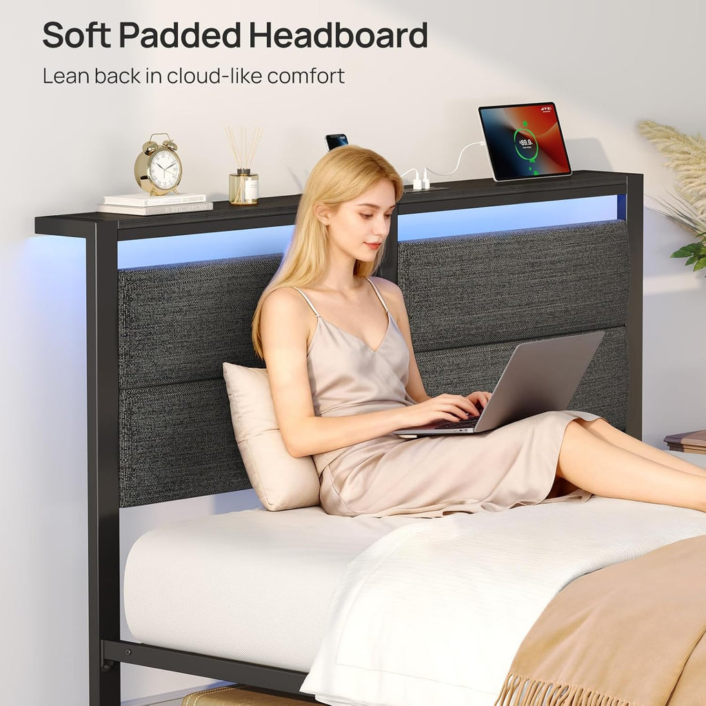 Rolanstar Full Size Bed Frame - LED Upholstered Storage Headboard with Charging Station | Grey, Noise-Free Design