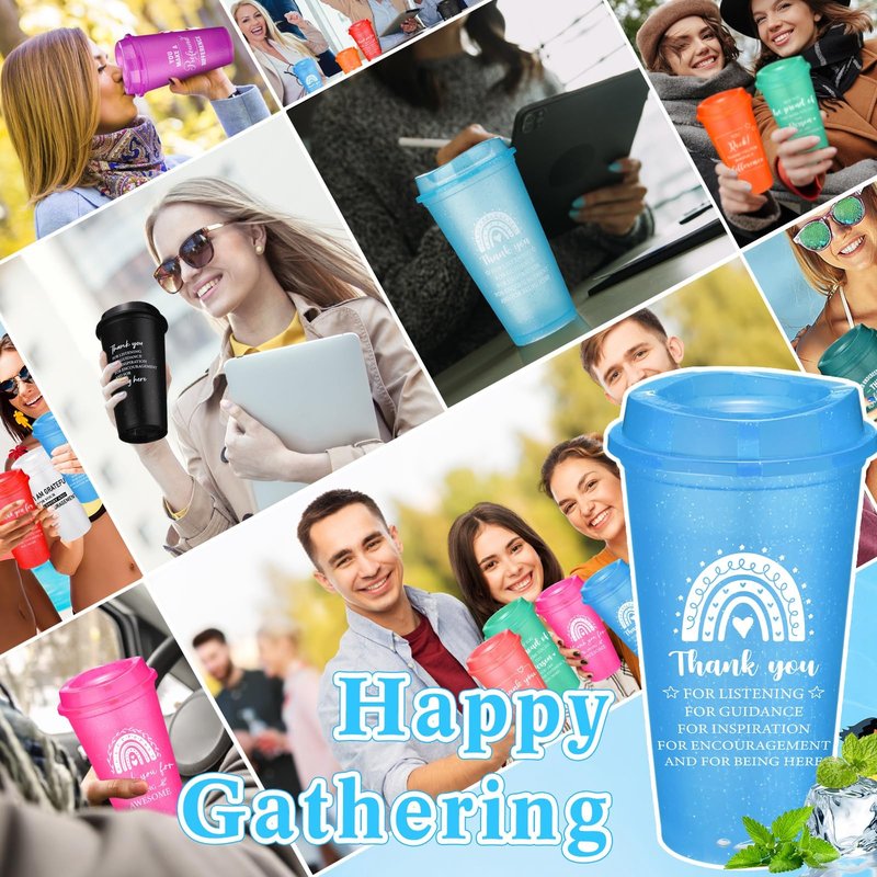 Skylety 96 Pcs Thank You Gifts 16 oz Coffee Cups Bulk Employee Appreciation Gift Inspirational Tumbler with Lid Reusable Plastic Coffee Cup for Coworker Staff Women Teacher (Classic Colors)