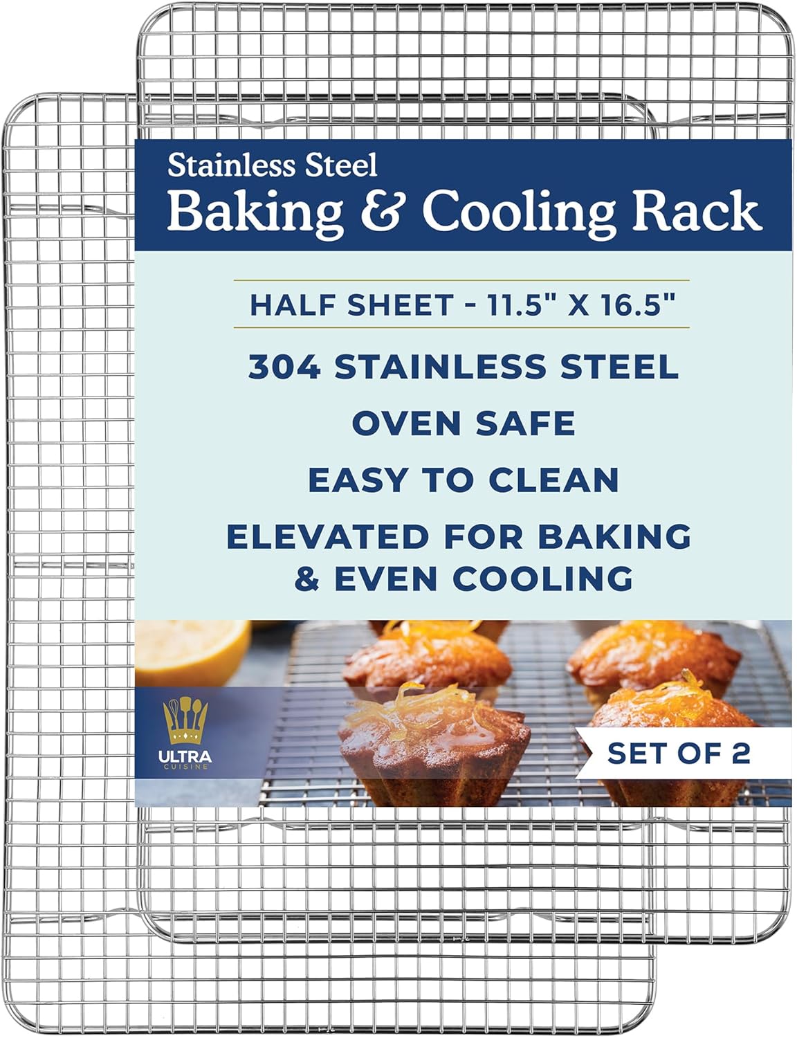 Ultra Cuisine Cooling Rack Set - Heavy Duty 100% Stainless Steel | Oven-Safe & Dishwasher-Safe - 11.5 x 16.5-Inch - Set of 2