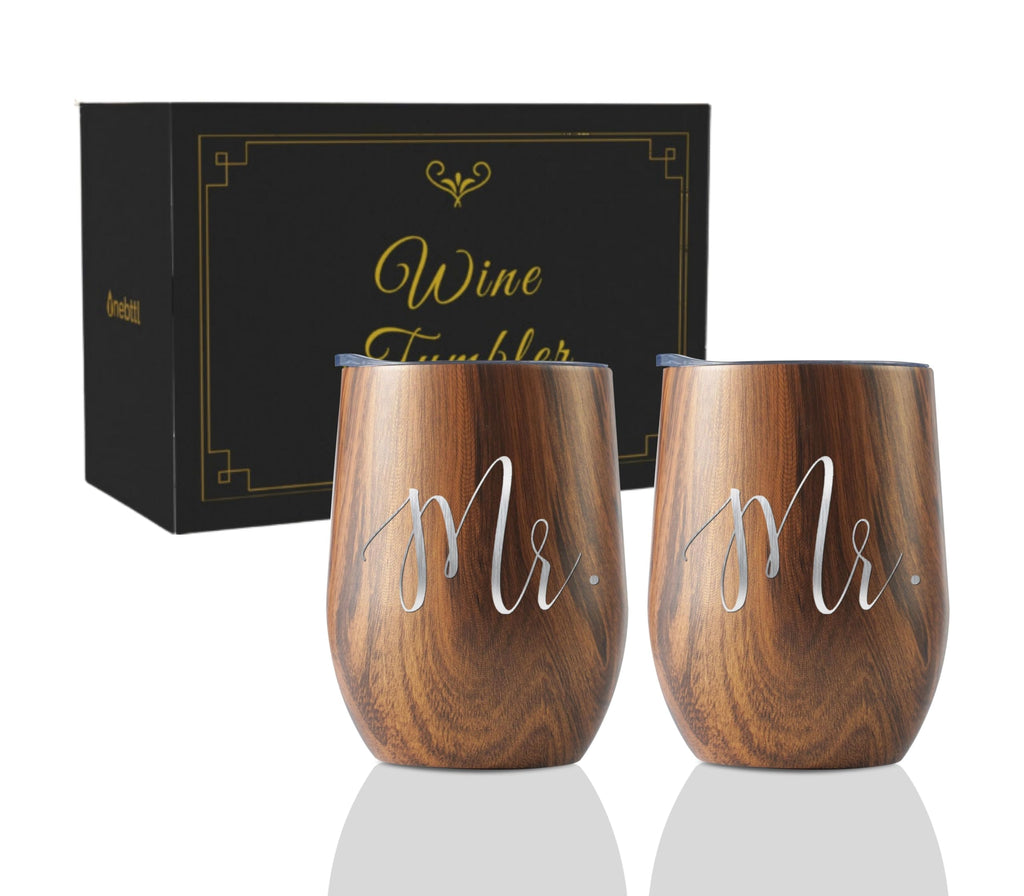 Onebttl Mr & Mr Gifts Tumbler Set - Stainless Steel 12oz/350ml with Lid - Wooden, Perfect for Wedding, Engagement, Valentine's Day, Anniversary & Newlyweds