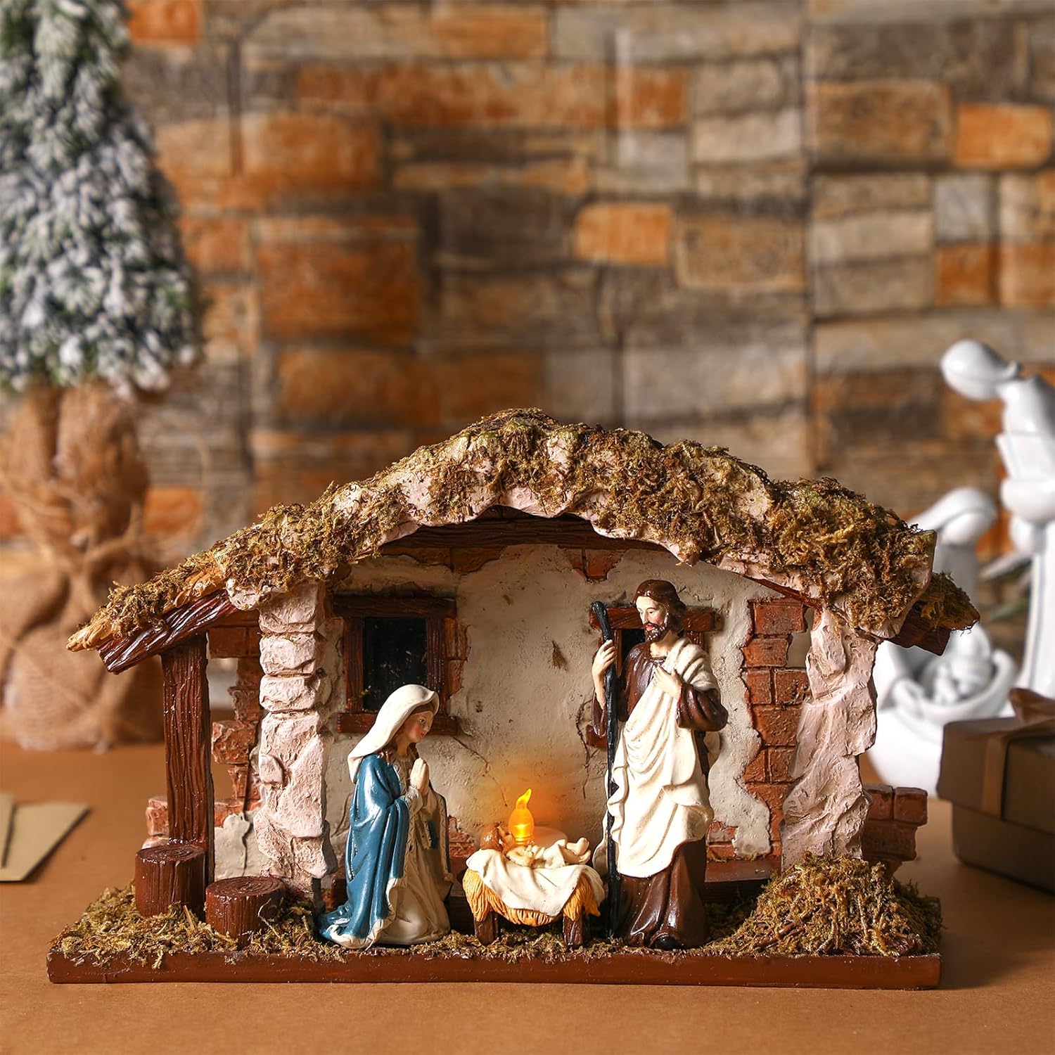 Barydat Christmas Nativity Scene - Realistic Resin Manger with Moss Roof | 10 x 7.87 x 5 Inches