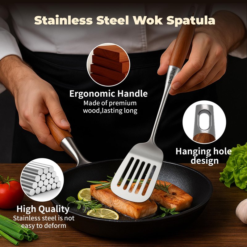 2Pcs Cooking Utensils Set,304 Stainless Steel Wok Spatula,kitchen utensils with Wooden Handle,Wok Tools Professional Set, Non-Stick and Heat Resistant