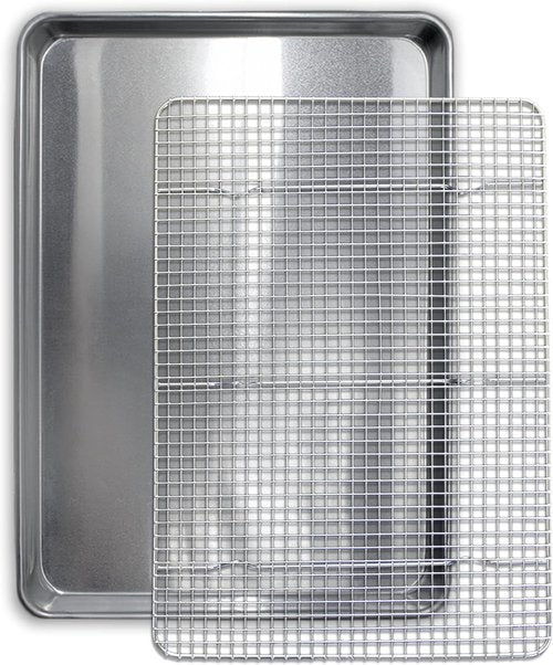 Commercial Quality Cookie Sheet - Aluminum Half Sheet Baking Pan & Stainless Steel Cooling Rack Set 13x18
