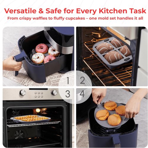 EM Silicone Air Fryer Liners Set - 4-Pc Reusable Baking Molds for Cake, Donut, Waffle & Brownie | Fits 3-5 Qt Air Fryers