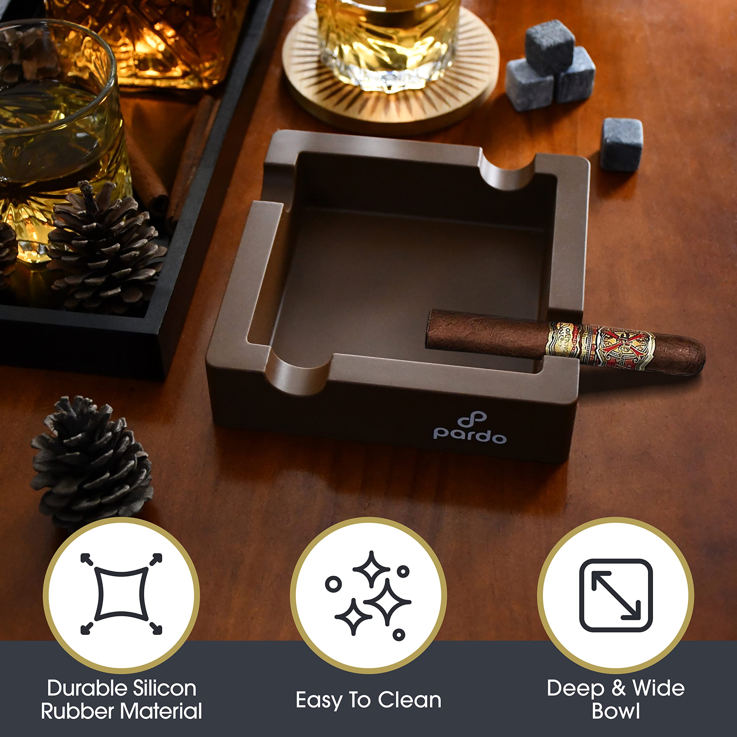 Cigar Ashtrays for Outdoors from Pardo - Silicone Ashtray for Large Ring Gauge Cigars with Built-in 4X Cigar Holder - Unbreakable Cigar Ashtrays for Patio - Brown