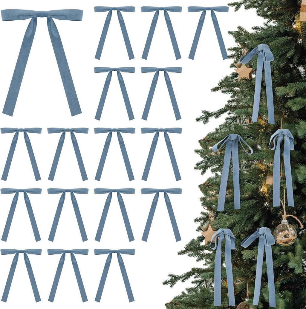 Skiennix Velvet Bows | 24 Pcs Vintage Double-Faced Ribbon Ornaments for Christmas Tree & Wreaths - Dusty Blue (5 x 7 Inch)