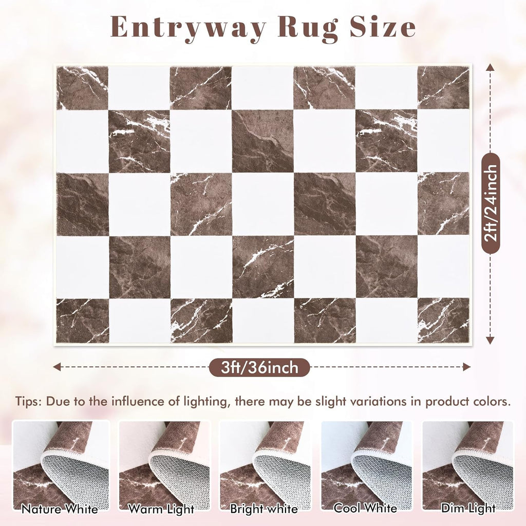 Yinhua Checkered Rug - Washable Brown and White Area Rug | Soft Non-Slip 2x3 Entryway Mat