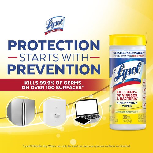 Lysol Disinfectant Wipes - Multi-Surface Antibacterial Cleaning - Lemon & Lime Blossom, 105 Count (3 Packs)