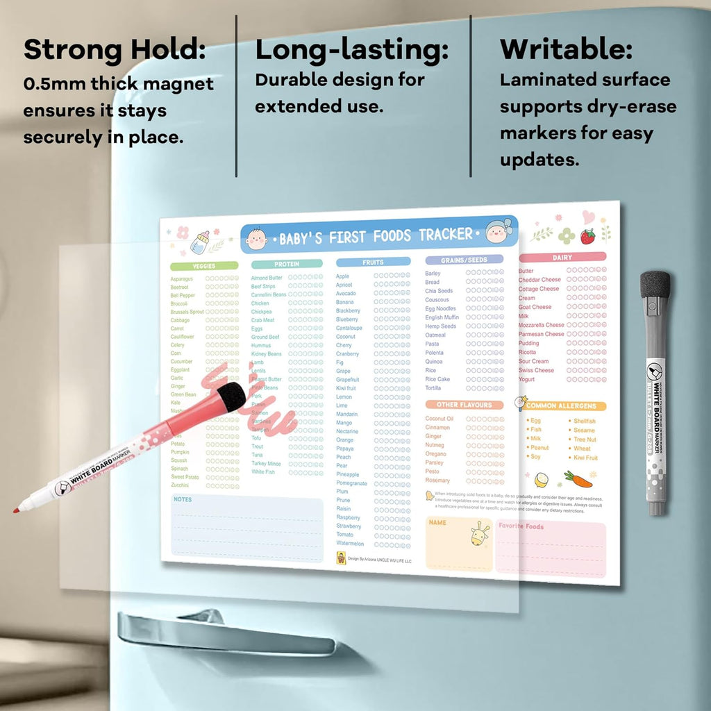 Uncle Wu First Foods Tracker Fridge Magnet - Dry Erase Baby Food Log & Activity Chart (10 x 14 Inch)