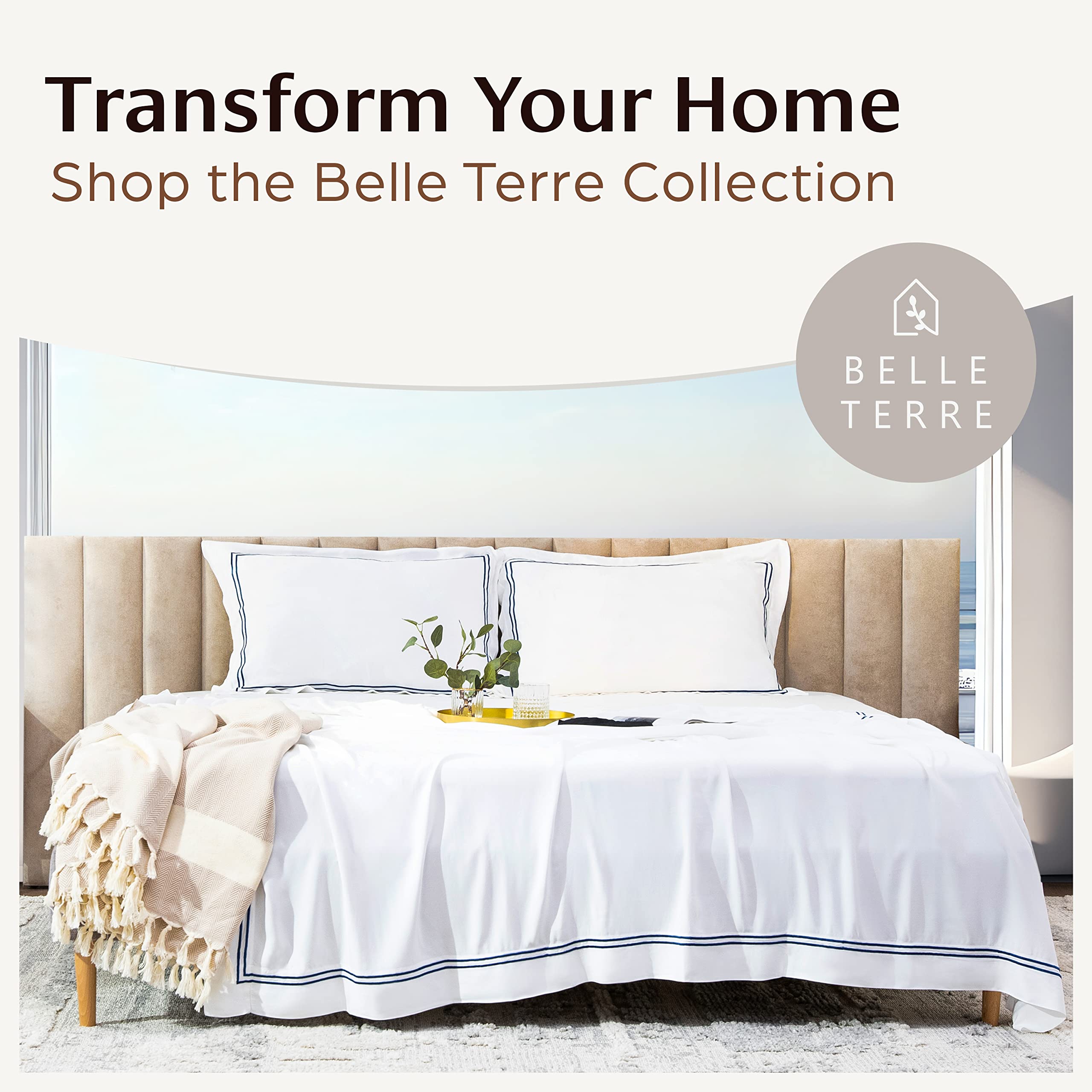 BELLE TERRE Luxury 100% Viscose Derived from Bamboo Sheets Queen Size - Organic, Super Soft Sheets Bed Set - Top and Fitted Sheet, 2 Pillowcases - Cooling Bed Sheets for Hot Sleepers