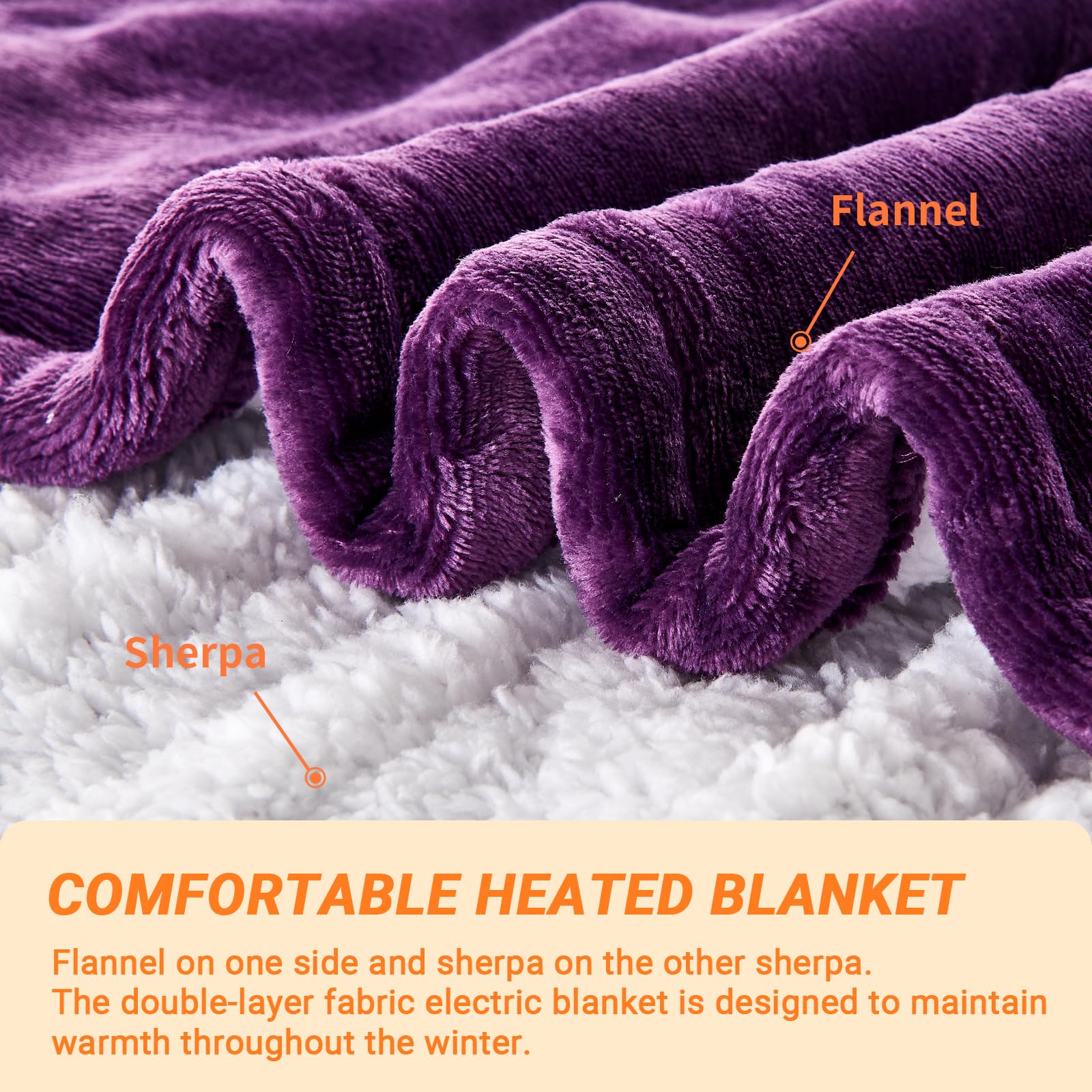 Electric Blanket Heated Throw, Soft Flannel Heating Blanket with 8 Hours Auto Off 10 Fast Heating Levels Machine Washable Sherpa Heated Blanket with Overheating Protection