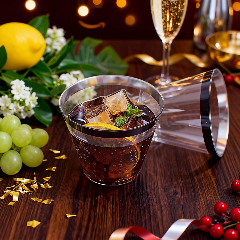 WELLIFE 120 PCS Black Plastic Cups,Disposable Cocktail Glasses,Plastic Wine Glasses Disposable,9 oz Clear Cups for Party