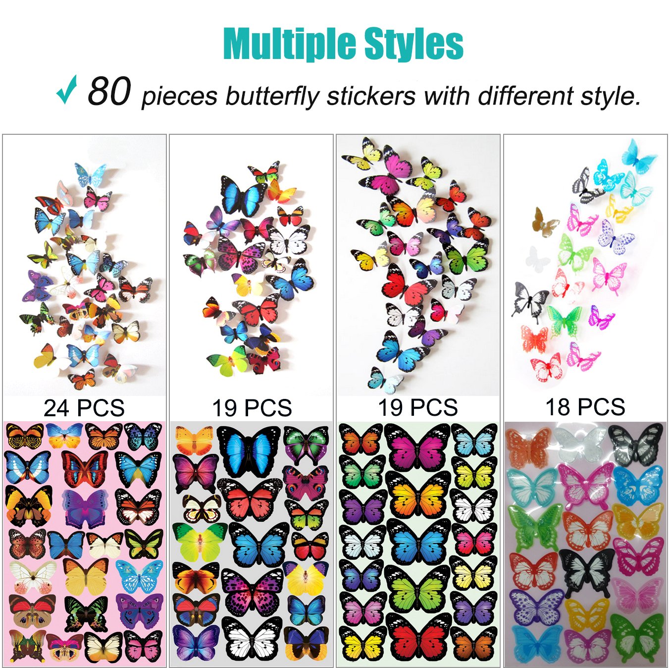 Skiennix Butterfly Wall Decor - 80 PCS Waterproof & Removable Foldable Plastic Stickers for Home & Bedroom