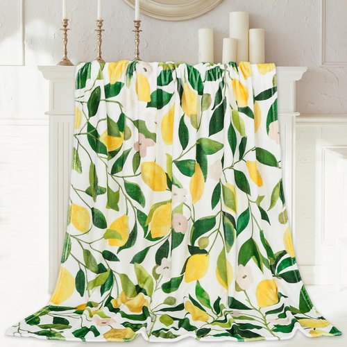 JarThenaAMCS Lemon Fuzzy Blanket - 60 x 50 Inch Yellow Lemon with Green Leaves Throw Blanket for Adults & Kids - Soft, Warm, Spring/Summer Blanket for Home, Chair, Sofa, Couch
