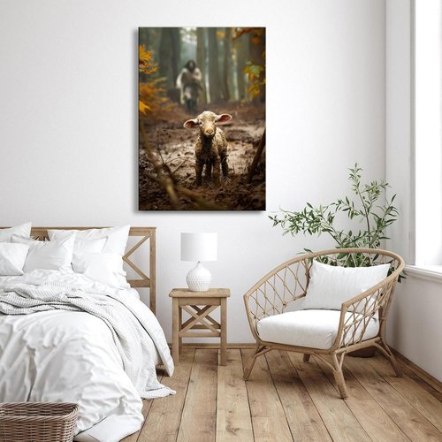 Jesus Wall Art | Large Canvas Print of Jesus Running After Lost Lamb | 24” x 36” Home Decor