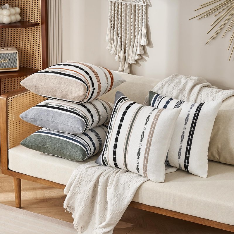 Boho Pillow Covers 18x18 Square Farmhouse Decorative Cushion Case Striped Square Cushion Cover Cozy Soft Neutral Throw Western Pillows Protector Modern Decorative for Couch Sofa Bed, Set of 2