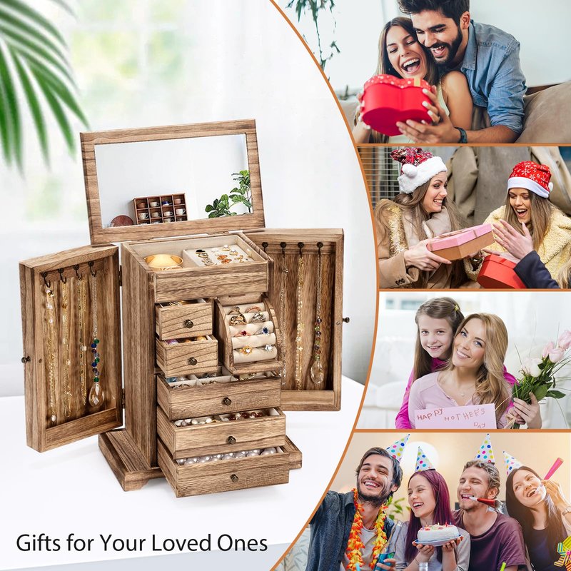 Yoimori Jewelry Box for Women, Rustic Wooden Jewelry Boxes & Organizers with Mirror & Drawers,6 Layer Jewelry Organizer Box for Rings Earrings Necklaces Bracelets (Carbonized Black)