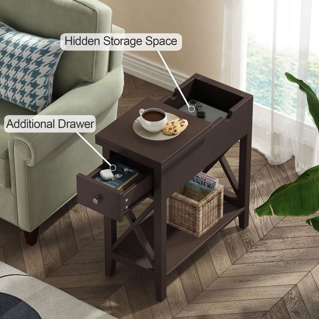 ChooChoo End Table, Flip Top Narrow End Table with Drawer, Accent Small Side Table Nightstand for Living Room, Bedroom, and Small Spaces, Espresso