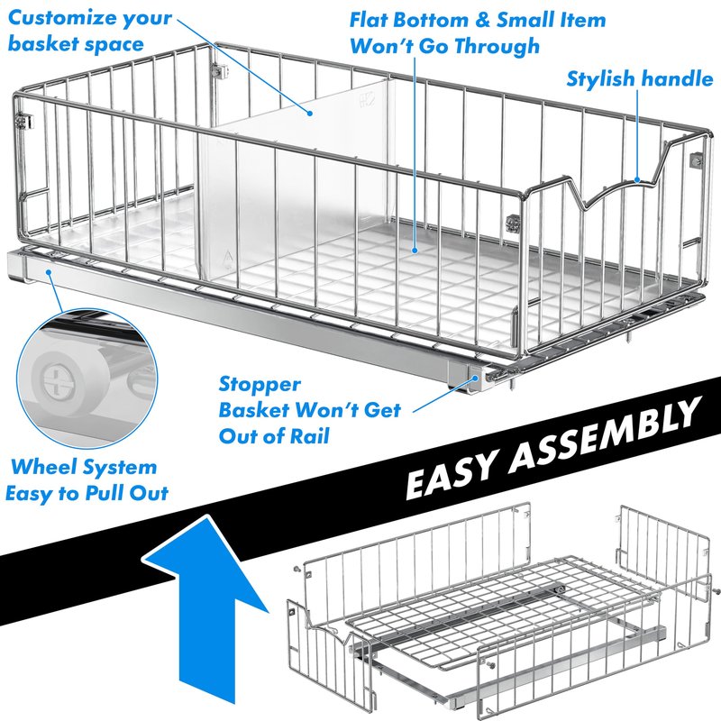 Simple Houseware Pull-Out Cabinet Sliding Basket Organizer, 17.2" D x 9.7" W x 5" H – Chrome Finished, Ideal for Kitchen and Bathroom Cabinet Storage, Under Sink or Pantry Organization