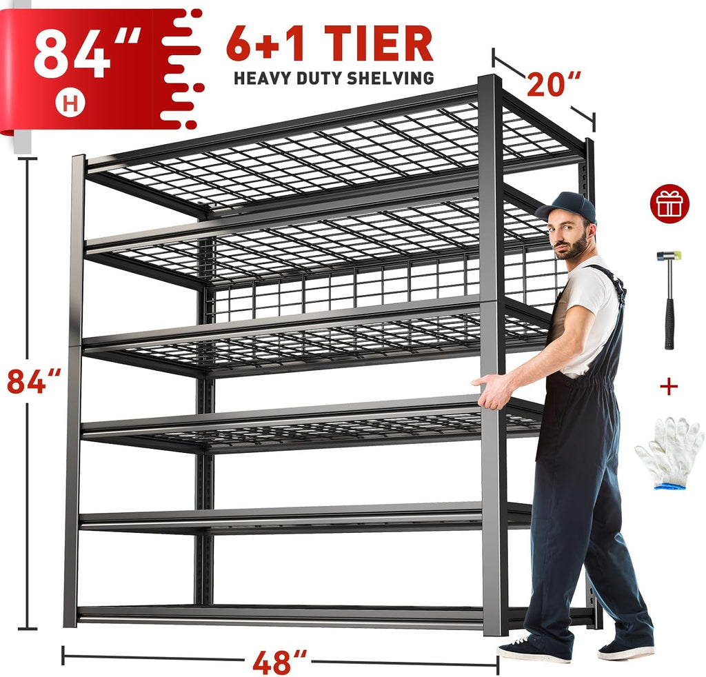 Reibii Heavy-Duty 6-Tier Garage Shelving - Adjustable Metal Storage Shelves, 3500LBS Capacity, 84"H x 48"W x 20"D