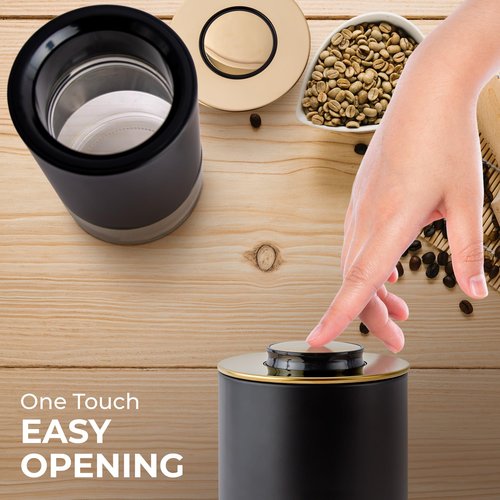 Kaffe Glass Coffee Canister (12oz) w/Airtight Lid - Click to Release Seal - BPA Free Glass & Stainless Steel - Elegant Kitchen Storage Container for Coffee, Nuts, Rice, Flour, Sugar, Tea, Cereal