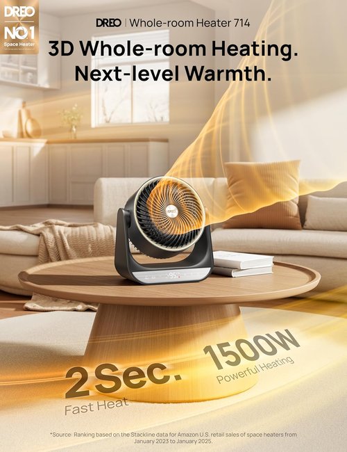 DREO Whole Room Heater - 3D Oscillating Heating with 12 ft/s Circulator | 3 Heat & Fan Settings, Black