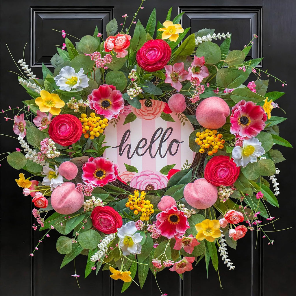 Spring Wreaths - 24 Inch Artificial Summer Wreath with Pink Roses, Cherry Blossom & Berries | Hello Sign for Indoor/Outdoor Farmhouse Decor