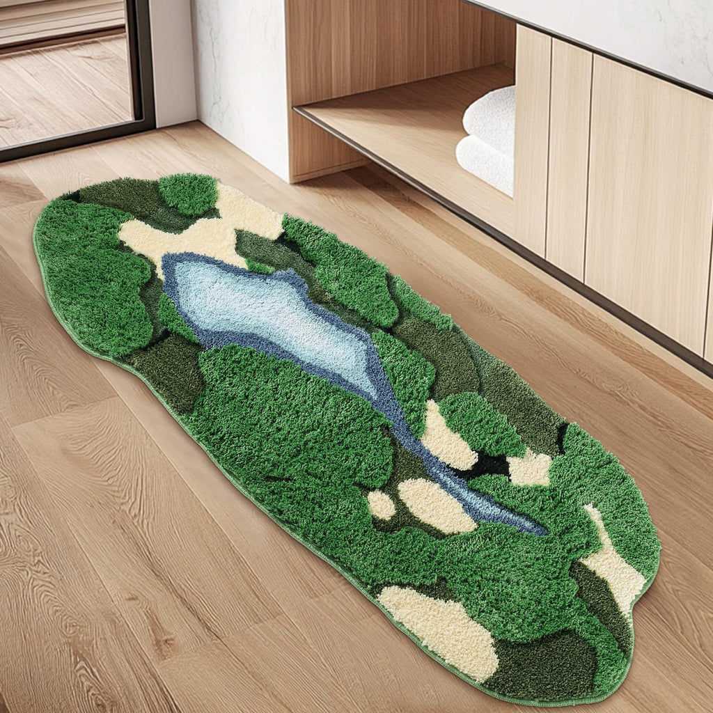 Naoloture Green Long Moss Bathroom Runner Rug Bath Mat, Ultra Thick Soft 3D Aesthetic Decor Cute Tufted Bath Rugs, Non Slip Absorbent Washable Moss Carpet for Hallway Bedroom Laundry Room, 24x59 Inch
