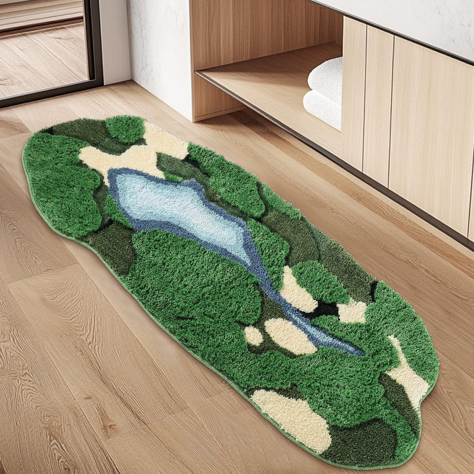 Naoloture Green Long Moss Bathroom Runner Rug Bath Mat, Ultra Thick Soft 3D Aesthetic Decor Cute Tufted Bath Rugs, Non Slip Absorbent Washable Moss Carpet for Hallway Bedroom Laundry Room, 24x59 Inch