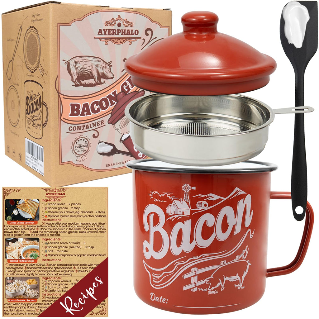 Ayerphalo Bacon Grease Container with Strainer - With Food-Grade Silicone Spatula, 46oz Large Enamel Rustic Farmhouse Fat Container, Keeper, Recipes, Dishwasher Safe