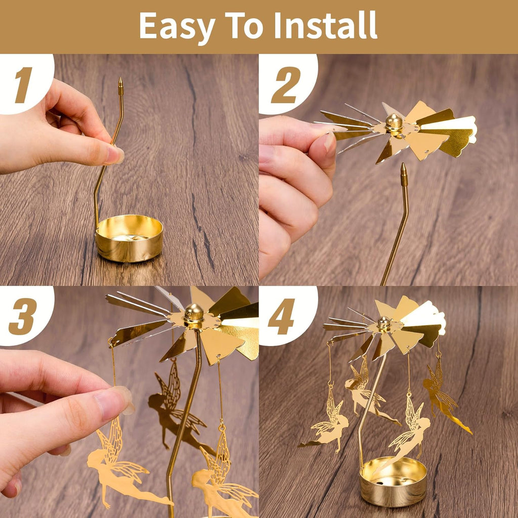 Skiennix Spinning Candle Holder - Gold Fairy Carousel Tea Light Spinner for Festive Home Decor