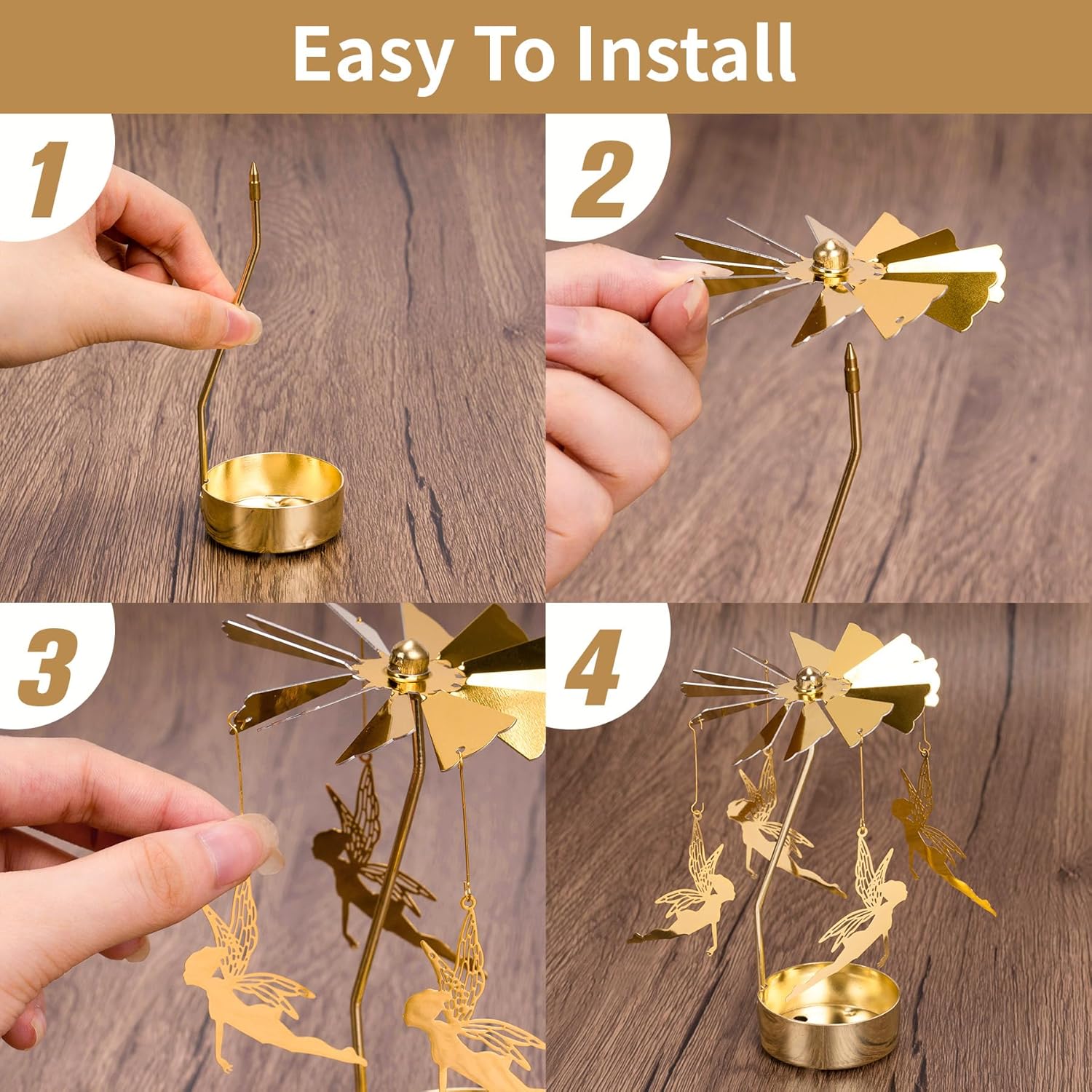 Skiennix Spinning Candle Holder - Gold Fairy Carousel Tea Light Spinner for Festive Home Decor