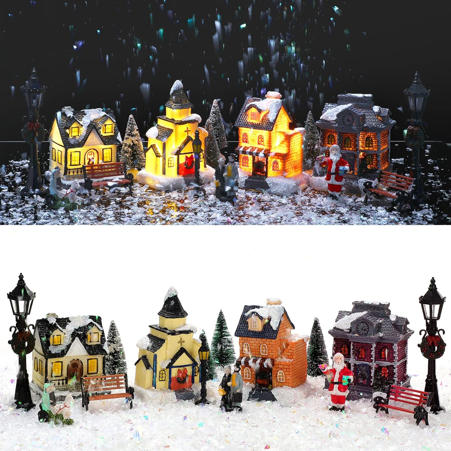 Queekay 17-Piece Lighted Christmas Village Set - Resin Houses & Figurines for Festive Indoor Decor