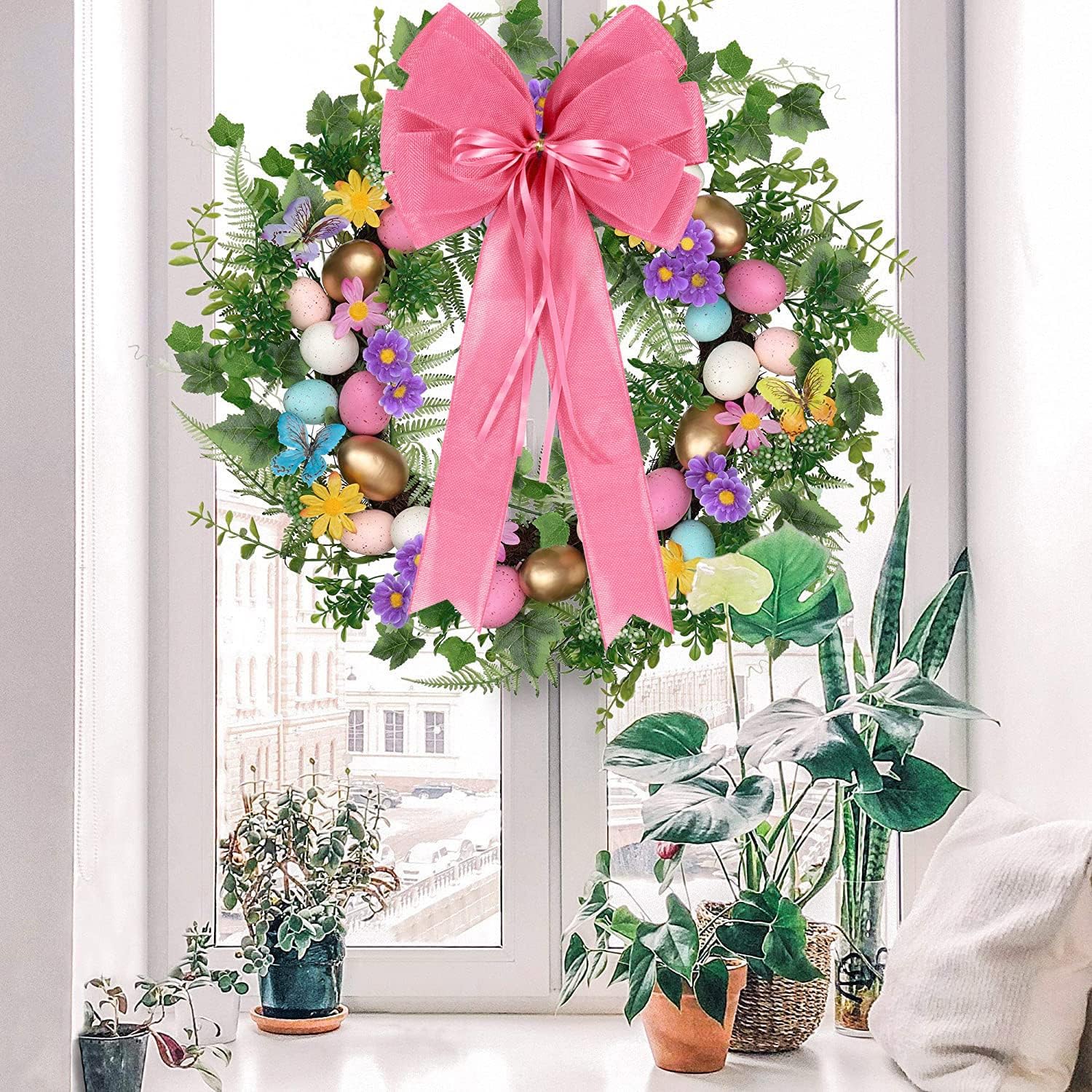 Skiennix Large Pink Easter Wreath Bows - Spring Tree Topper Decor with Burlap & Glitter String