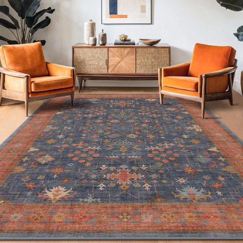 Hazo Haus 6x9 Dining Room Rug - Washable Non-Slip Area Rug in Navy Blue & Terracotta Vintage Boho Design