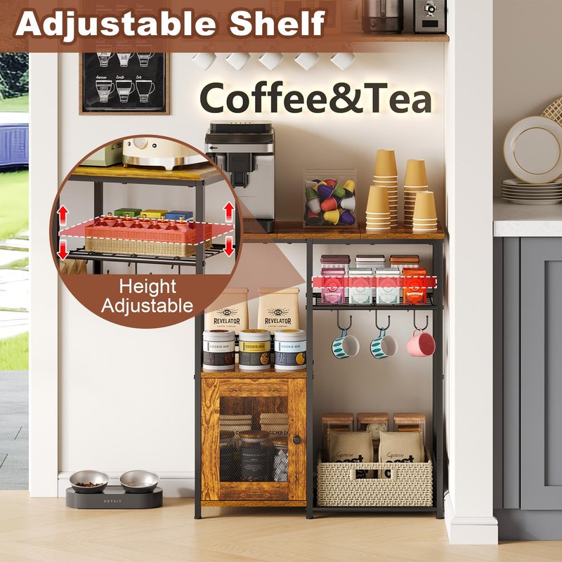 Small Kitchen Island Table with Storage, 4 Tier Microwave Stand, Bakers Rack, Coffee Bar Cabinet Station with Storage Cabinet, Kitchen Rack with Adjustable Shelves & 3 Hooks for Kitchen Dining Room